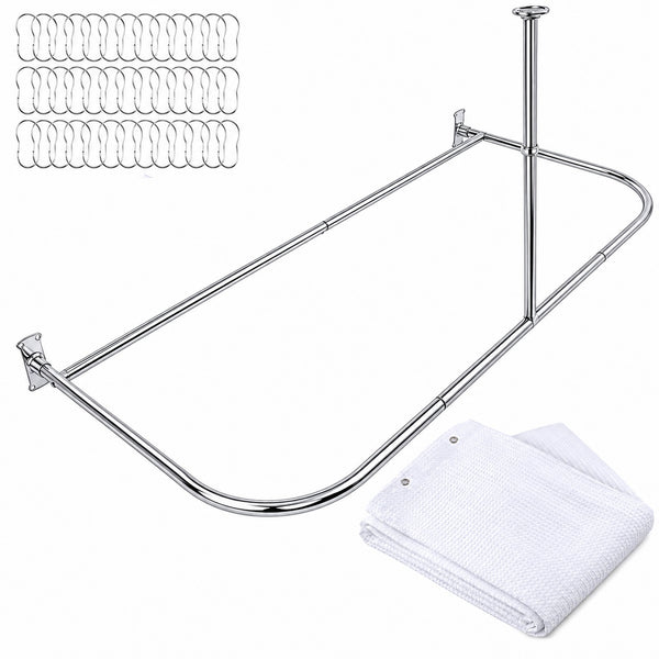 Shower Suites DR9XX By Loft97 D-Shaped Shower Curtain Rod for Freestanding Tubs - Complete Shower Solution with Extra-Long Fabric Shower Curtain & 36 Hooks, Rustproof Aluminum, 60" x 25"