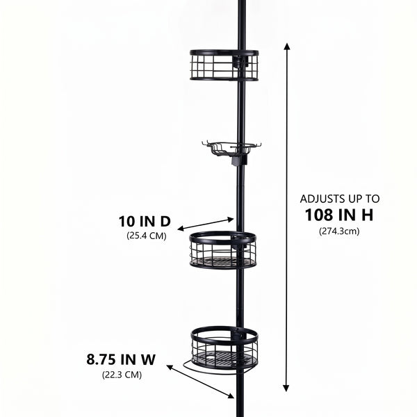 Loft97 PC4XX Tension Pole Shower Caddy Corner Organizer, Adjustable Standing Shower Caddy with 3 Removable Baskets and Hooks, Rust Resistant Bathroom Tension Rod Organizer, 60.5 to 108 Inch