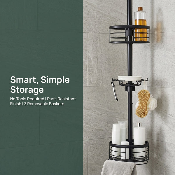 Loft97 PC4XX Tension Pole Shower Caddy Corner Organizer, Adjustable Standing Shower Caddy with 3 Removable Baskets and Hooks, Rust Resistant Bathroom Tension Rod Organizer, 60.5 to 108 Inch