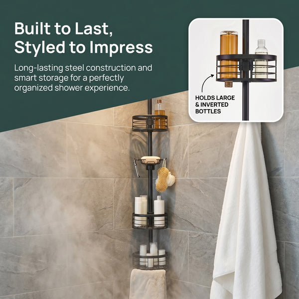 Loft97 PC4XX Tension Pole Shower Caddy Corner Organizer, Adjustable Standing Shower Caddy with 3 Removable Baskets and Hooks, Rust Resistant Bathroom Tension Rod Organizer, 60.5 to 108 Inch