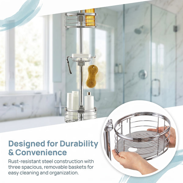 Loft97 PC4XX Tension Pole Shower Caddy Corner Organizer, Adjustable Standing Shower Caddy with 3 Removable Baskets and Hooks, Rust Resistant Bathroom Tension Rod Organizer, 60.5 to 108 Inch