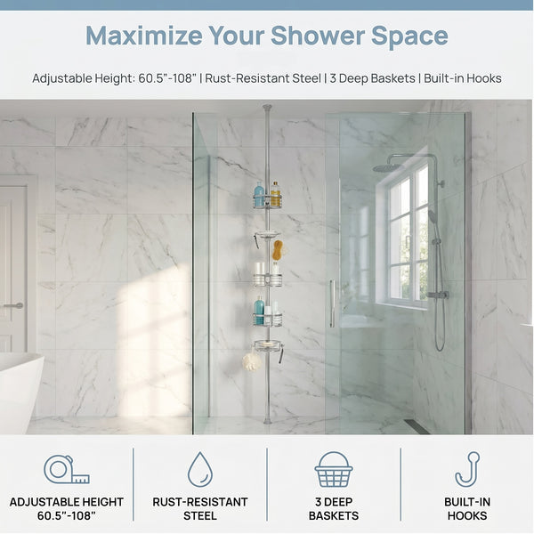 Loft97 PC4XX Tension Pole Shower Caddy Corner Organizer, Adjustable Standing Shower Caddy with 3 Removable Baskets and Hooks, Rust Resistant Bathroom Tension Rod Organizer, 60.5 to 108 Inch