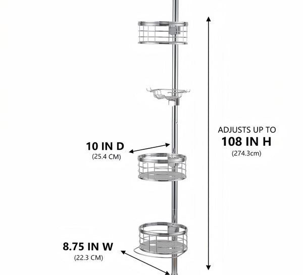 Loft97 PC4XX Tension Pole Shower Caddy Corner Organizer, Adjustable Standing Shower Caddy with 3 Removable Baskets and Hooks, Rust Resistant Bathroom Tension Rod Organizer, 60.5 to 108 Inch