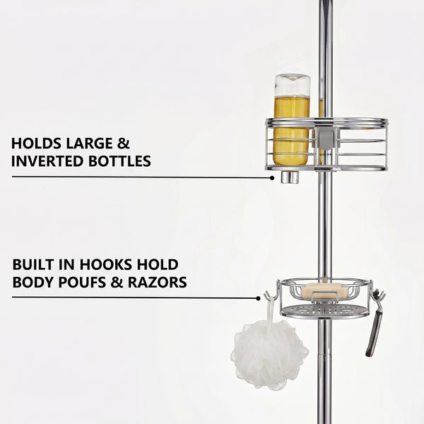 Loft97 PC4XX Tension Pole Shower Caddy Corner Organizer, Adjustable Standing Shower Caddy with 3 Removable Baskets and Hooks, Rust Resistant Bathroom Tension Rod Organizer, 60.5 to 108 Inch
