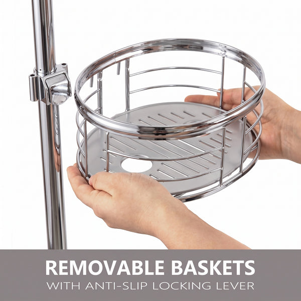 Loft97 PC4XX Tension Pole Shower Caddy Corner Organizer, Adjustable Standing Shower Caddy with 3 Removable Baskets and Hooks, Rust Resistant Bathroom Tension Rod Organizer, 60.5 to 108 Inch