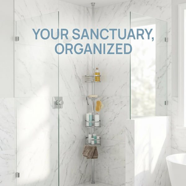 Loft97 PC4XX Tension Pole Shower Caddy Corner Organizer, Adjustable Standing Shower Caddy with 3 Removable Baskets and Hooks, Rust Resistant Bathroom Tension Rod Organizer, 60.5 to 108 Inch