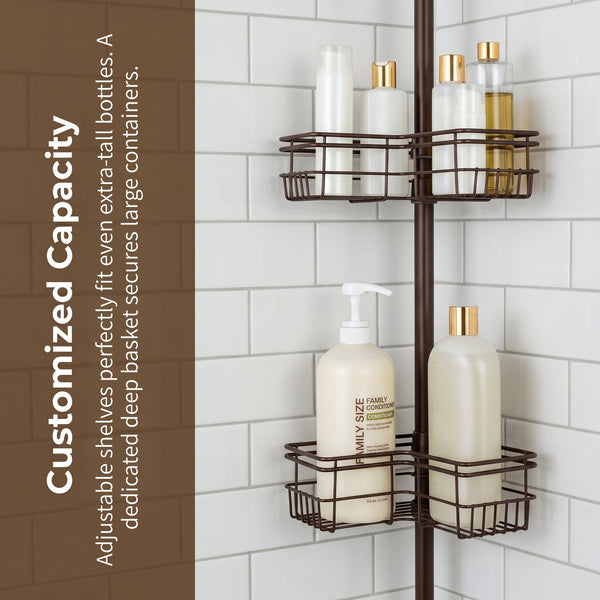 Loft97 PC6XX Tension Pole Shower Caddy Corner Organizer, Adjustable Standing Shower Caddy with 4 Removable Baskets, Rust Resistant Bathroom Tension Rod Organizer, 60 to 97 Inch