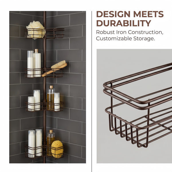 Loft97 PC6XX Tension Pole Shower Caddy Corner Organizer, Adjustable Standing Shower Caddy with 4 Removable Baskets, Rust Resistant Bathroom Tension Rod Organizer, 60 to 97 Inch