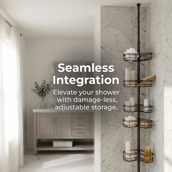Loft97 PC6XX Tension Pole Shower Caddy Corner Organizer, Adjustable Standing Shower Caddy with 4 Removable Baskets, Rust Resistant Bathroom Tension Rod Organizer, 60 to 97 Inch