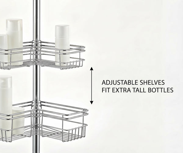 Loft97 PC6XX Tension Pole Shower Caddy Corner Organizer, Adjustable Standing Shower Caddy with 4 Removable Baskets, Rust Resistant Bathroom Tension Rod Organizer, 60 to 97 Inch