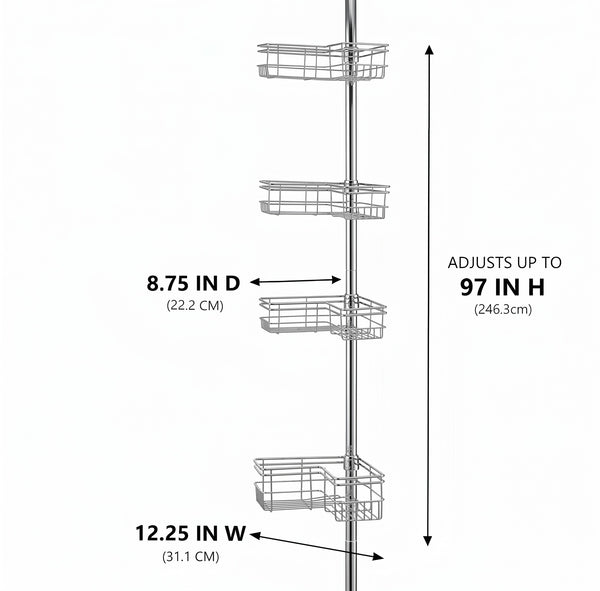 Loft97 PC6XX Tension Pole Shower Caddy Corner Organizer, Adjustable Standing Shower Caddy with 4 Removable Baskets, Rust Resistant Bathroom Tension Rod Organizer, 60 to 97 Inch