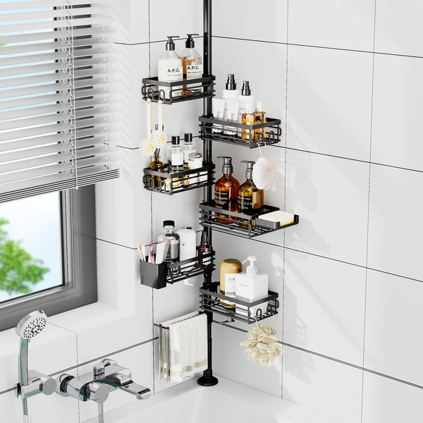 Loft97 PC7BK Tension Pole Shower Caddy Corner Organizer, Max 109‑Inch Adjustable Height, 6‑Tier No‑Drill Shower Storage Rack, Freely Customizable Shelf Spacing with Hooks and Non‑Slip Base, Matte Black