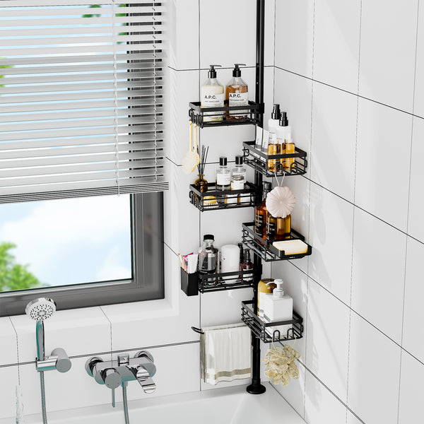 Loft97 PC7BK Tension Pole Shower Caddy Corner Organizer, Max 109‑Inch Adjustable Height, 6‑Tier No‑Drill Shower Storage Rack, Freely Customizable Shelf Spacing with Hooks and Non‑Slip Base, Matte Black