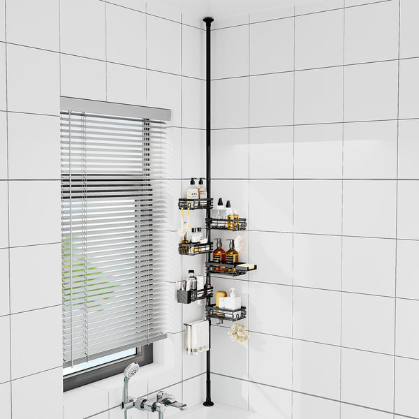 Loft97 PC7BK Tension Pole Shower Caddy Corner Organizer, Max 109‑Inch Adjustable Height, 6‑Tier No‑Drill Shower Storage Rack, Freely Customizable Shelf Spacing with Hooks and Non‑Slip Base, Matte Black