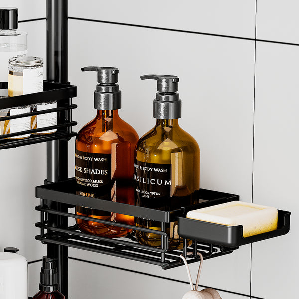Loft97 PC7BK Tension Pole Shower Caddy Corner Organizer, Max 109‑Inch Adjustable Height, 6‑Tier No‑Drill Shower Storage Rack, Freely Customizable Shelf Spacing with Hooks and Non‑Slip Base, Matte Black