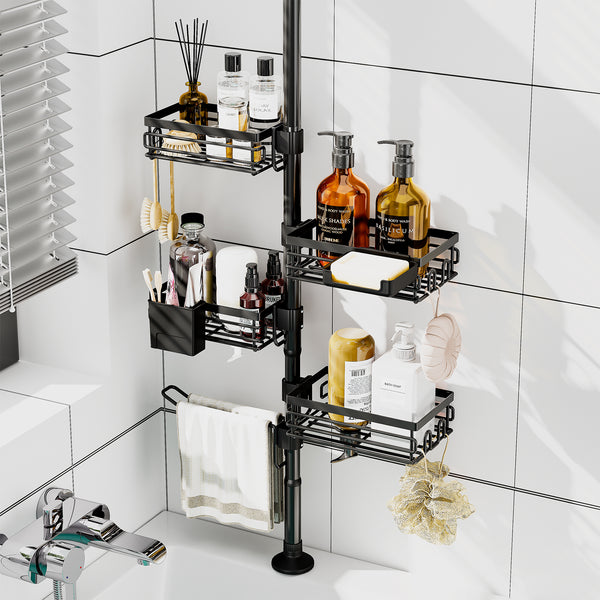 Loft97 PC7BK Tension Pole Shower Caddy Corner Organizer, Max 109‑Inch Adjustable Height, 6‑Tier No‑Drill Shower Storage Rack, Freely Customizable Shelf Spacing with Hooks and Non‑Slip Base, Matte Black