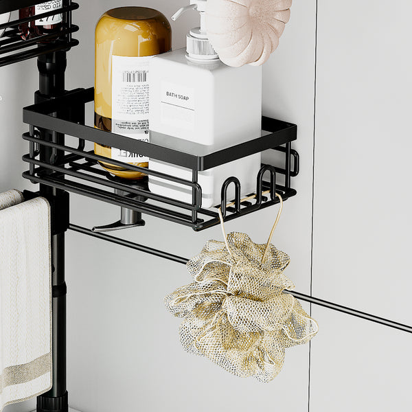 Loft97 PC7BK Tension Pole Shower Caddy Corner Organizer, Max 109‑Inch Adjustable Height, 6‑Tier No‑Drill Shower Storage Rack, Freely Customizable Shelf Spacing with Hooks and Non‑Slip Base, Matte Black