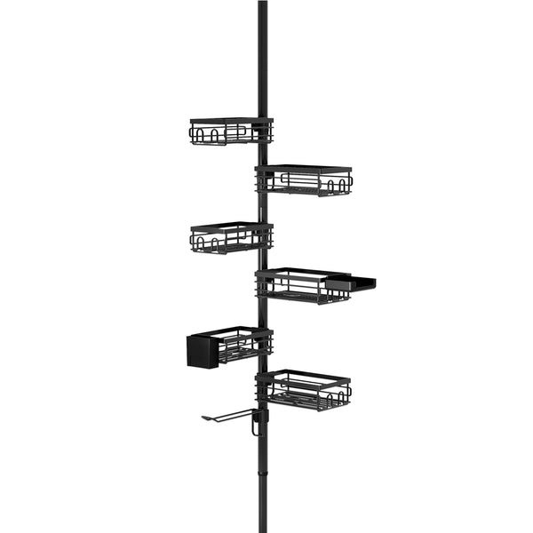 Loft97 PC7BK Tension Pole Shower Caddy Corner Organizer, Max 109‑Inch Adjustable Height, 6‑Tier No‑Drill Shower Storage Rack, Freely Customizable Shelf Spacing with Hooks and Non‑Slip Base, Matte Black