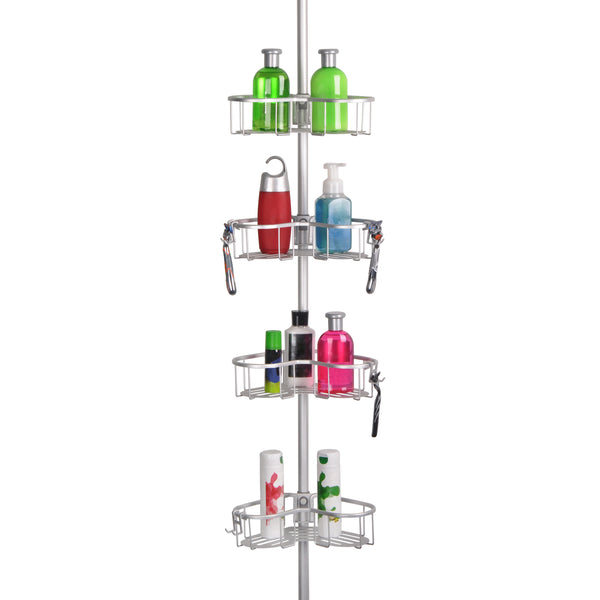 Loft97 PC9XX Flat Shelf Tension Rod Shower Organizer - Rustproof Corner Shower Caddy with 4 Adjustable Shelves - Stand Up Shower Corner Shelf, Bathtub Corner Rack - Includes Shower Liner and Shower Hooks