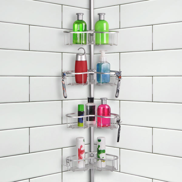 Loft97 PC9XX Flat Shelf Tension Rod Shower Organizer - Rustproof Corner Shower Caddy with 4 Adjustable Shelves - Stand Up Shower Corner Shelf, Bathtub Corner Rack - Includes Shower Liner and Shower Hooks