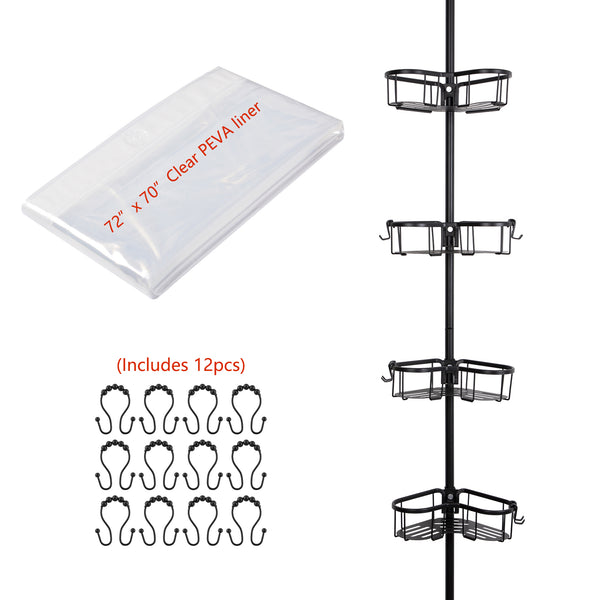 Loft97 PC9XX Flat Shelf Tension Rod Shower Organizer - Rustproof Corner Shower Caddy with 4 Adjustable Shelves - Stand Up Shower Corner Shelf, Bathtub Corner Rack - Includes Shower Liner and Shower Hooks