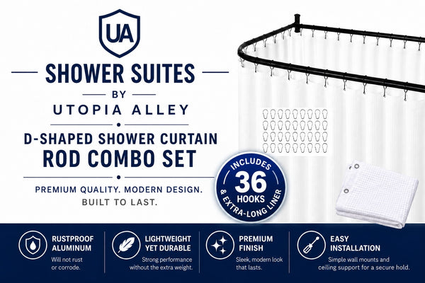 Shower Suites DR9XX By Loft97 D-Shaped Shower Curtain Rod for Freestanding Tubs - Complete Shower Solution with Extra-Long Fabric Shower Curtain & 36 Hooks, Rustproof Aluminum, 60" x 25"