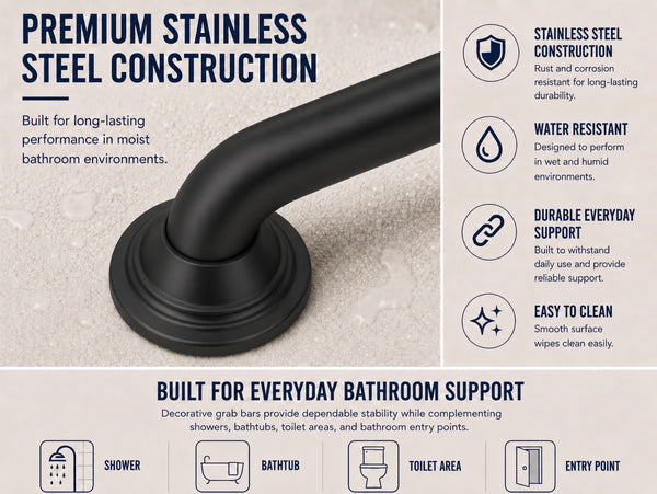 Loft97 GBXX Decorative Grab Bar for Shower & Bathroom – 1.25-Inch Stainless Steel Wall-Mounted Safety Handle with Concealed Hardware