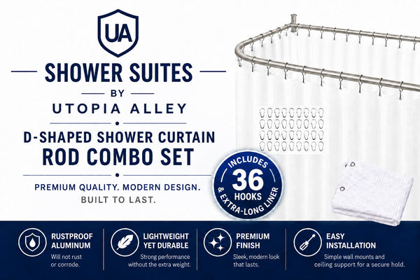 Shower Suites DR9XX By Loft97 D-Shaped Shower Curtain Rod for Freestanding Tubs - Complete Shower Solution with Extra-Long Fabric Shower Curtain & 36 Hooks, Rustproof Aluminum, 60" x 25"