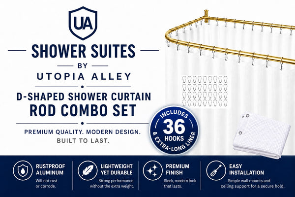 Shower Suites DR9XX By Loft97 D-Shaped Shower Curtain Rod for Freestanding Tubs - Complete Shower Solution with Extra-Long Fabric Shower Curtain & 36 Hooks, Rustproof Aluminum, 60" x 25"