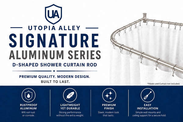 Loft97 DR1XX Signature Aluminum Series Freestanding Tub Shower Curtain Rod - D-Shaped Rustproof Aluminum with Ceiling Support, 60x25 Inch