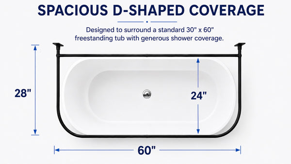 Loft97 DR1XX Signature Aluminum Series Freestanding Tub Shower Curtain Rod - D-Shaped Rustproof Aluminum with Ceiling Support, 60x25 Inch