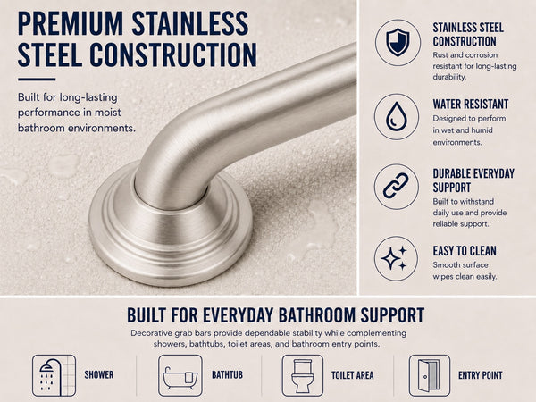 Loft97 GBXX Decorative Grab Bar for Shower & Bathroom – 1.25-Inch Stainless Steel Wall-Mounted Safety Handle with Concealed Hardware