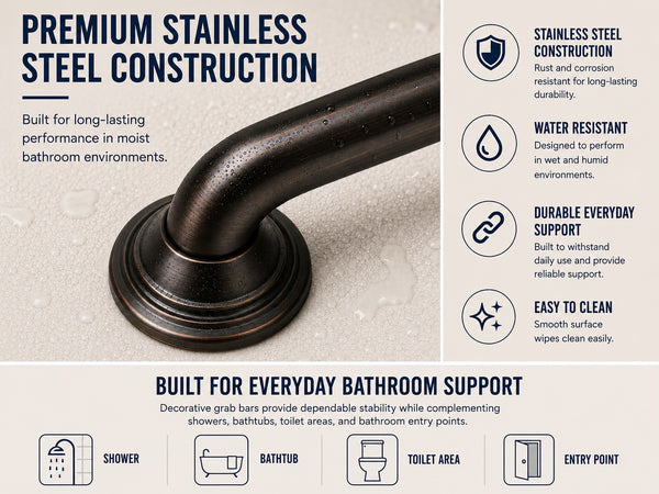 Loft97 GBXX Decorative Grab Bar for Shower & Bathroom – 1.25-Inch Stainless Steel Wall-Mounted Safety Handle with Concealed Hardware
