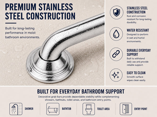 Loft97 GBXX Decorative Grab Bar for Shower & Bathroom – 1.25-Inch Stainless Steel Wall-Mounted Safety Handle with Concealed Hardware