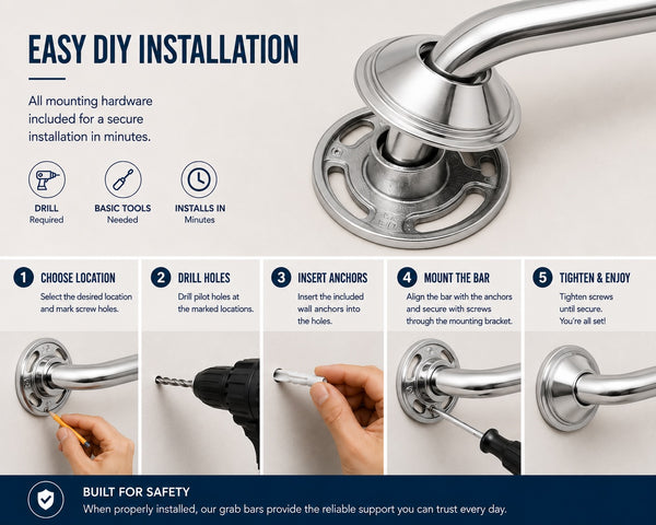 Loft97 GBXX Decorative Grab Bar for Shower & Bathroom – 1.25-Inch Stainless Steel Wall-Mounted Safety Handle with Concealed Hardware