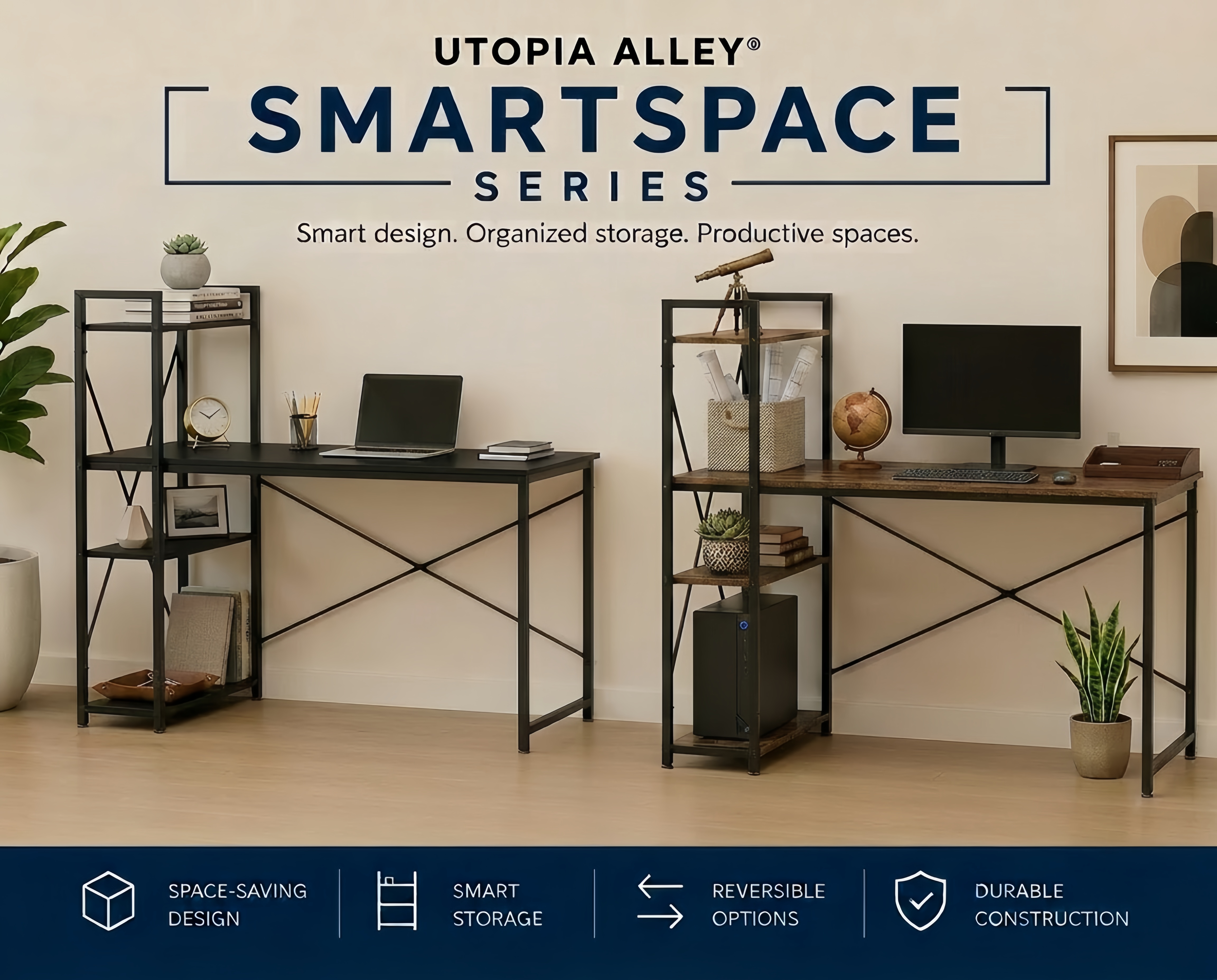 Loft97 SH73/74XX SmartSpace Series Computer Desk with Storage Shelves, 47 Inch Home Office Desk, Reversible Bookshelf Design, Study, Gaming & Workstation Desk