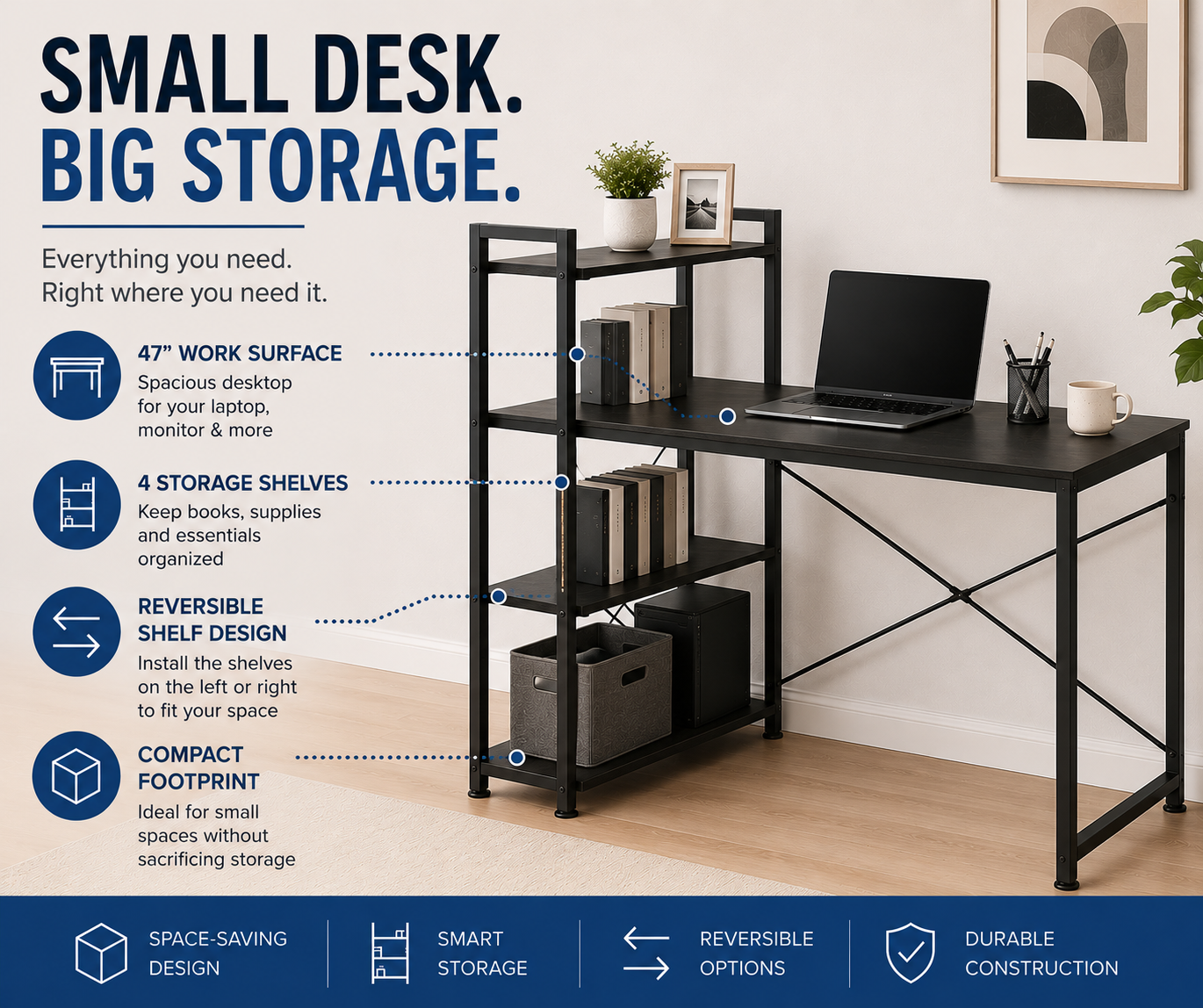 Loft97 SH73/74XX SmartSpace Series Computer Desk with Storage Shelves, 47 Inch Home Office Desk, Reversible Bookshelf Design, Study, Gaming & Workstation Desk