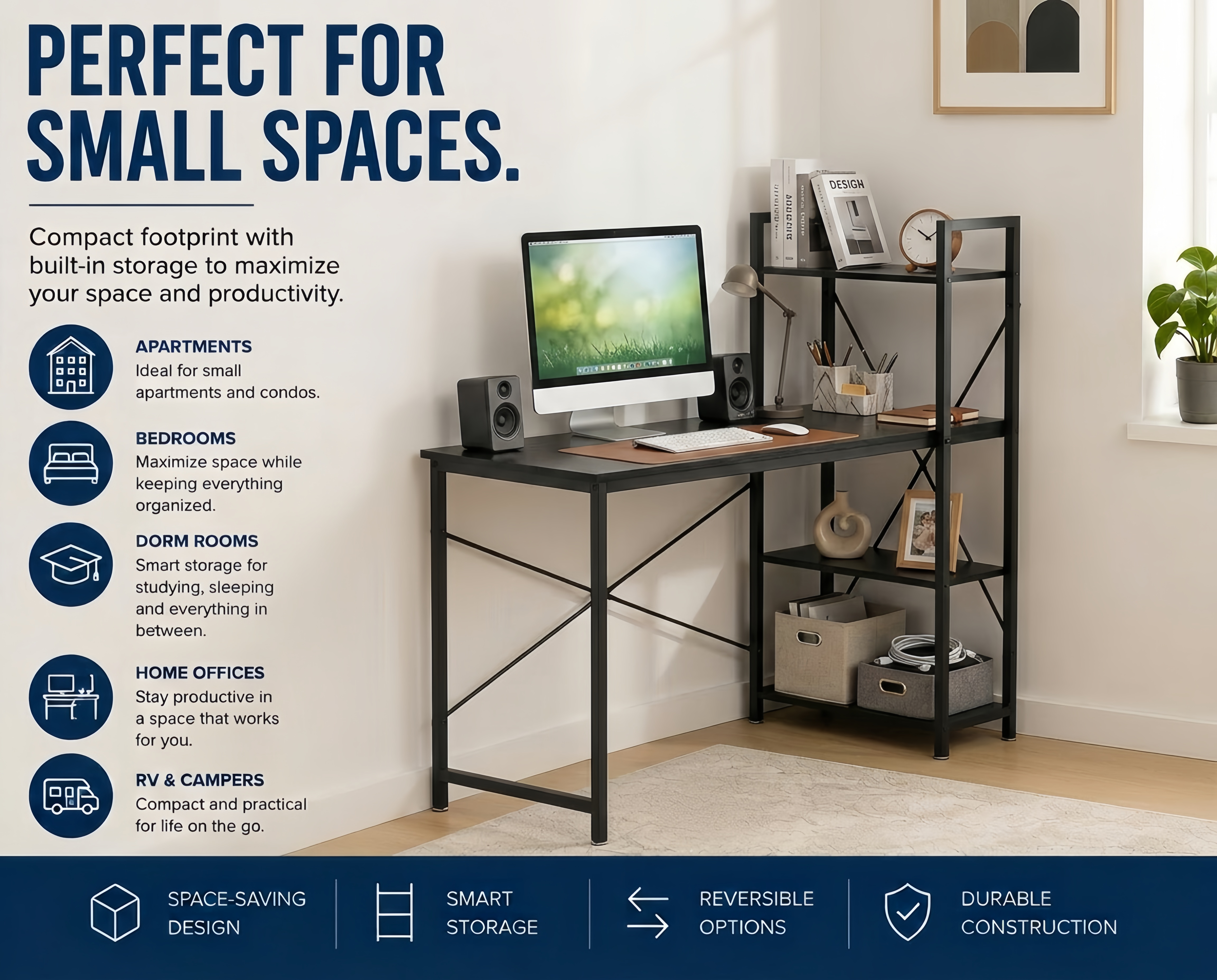 Loft97 SH73/74XX SmartSpace Series Computer Desk with Storage Shelves, 47 Inch Home Office Desk, Reversible Bookshelf Design, Study, Gaming & Workstation Desk