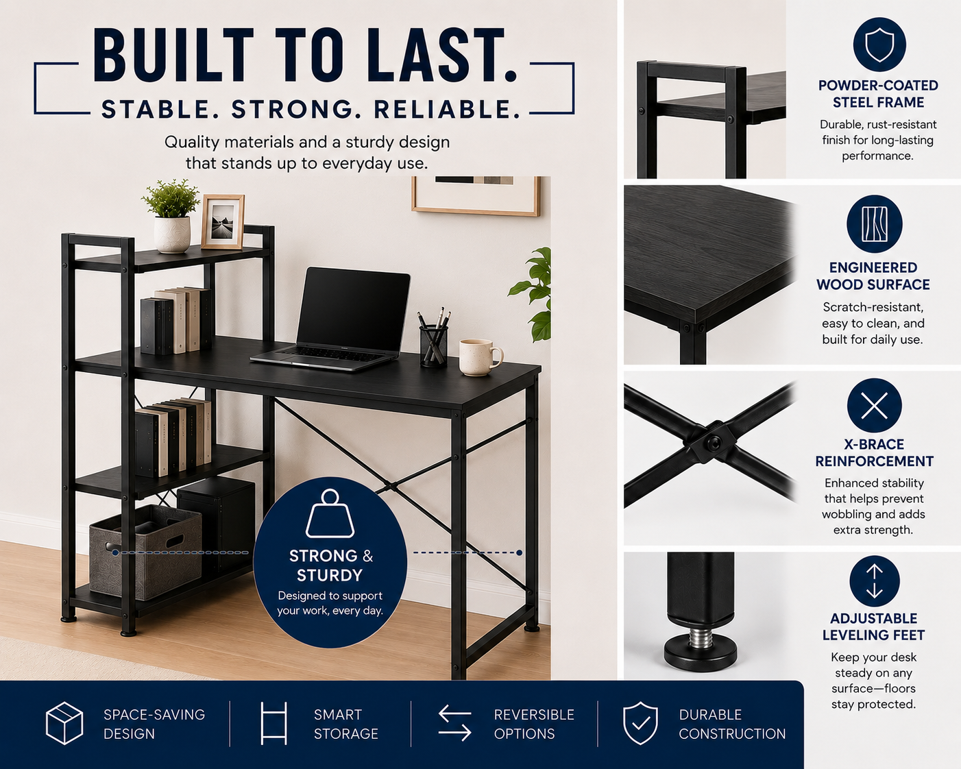 Loft97 SH73/74XX SmartSpace Series Computer Desk with Storage Shelves, 47 Inch Home Office Desk, Reversible Bookshelf Design, Study, Gaming & Workstation Desk