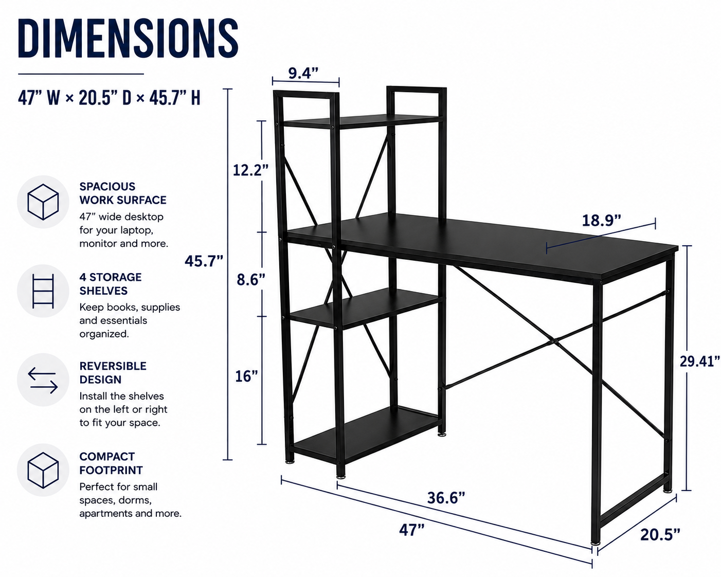 Loft97 SH73/74XX SmartSpace Series Computer Desk with Storage Shelves, 47 Inch Home Office Desk, Reversible Bookshelf Design, Study, Gaming & Workstation Desk