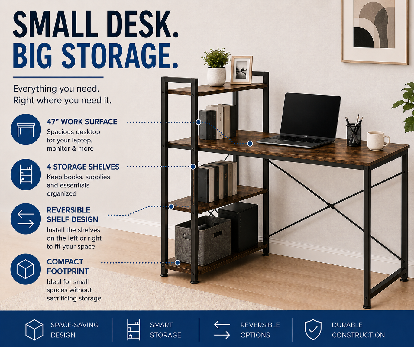 Loft97 SH73/74XX SmartSpace Series Computer Desk with Storage Shelves, 47 Inch Home Office Desk, Reversible Bookshelf Design, Study, Gaming & Workstation Desk