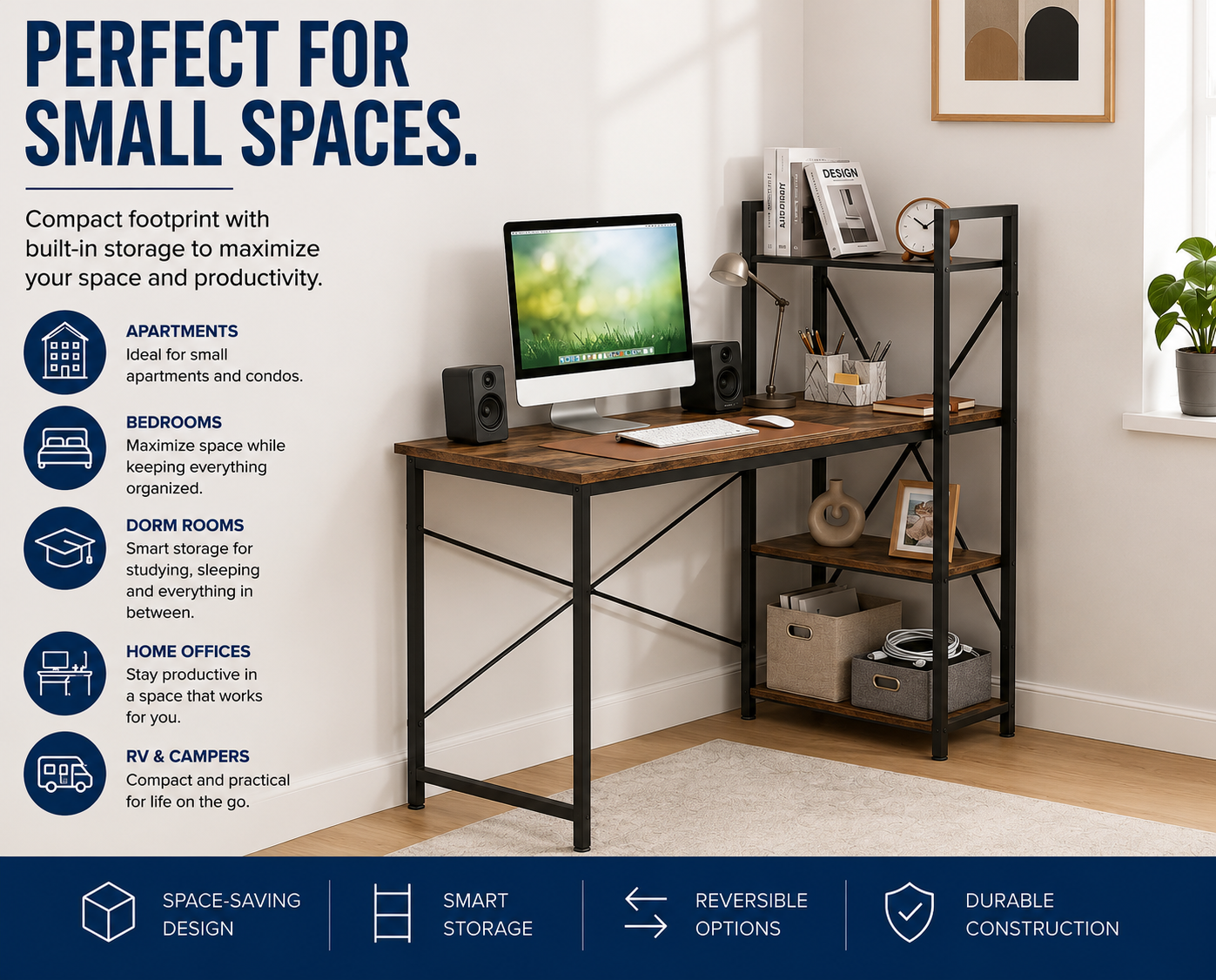 Loft97 SH73/74XX SmartSpace Series Computer Desk with Storage Shelves, 47 Inch Home Office Desk, Reversible Bookshelf Design, Study, Gaming & Workstation Desk