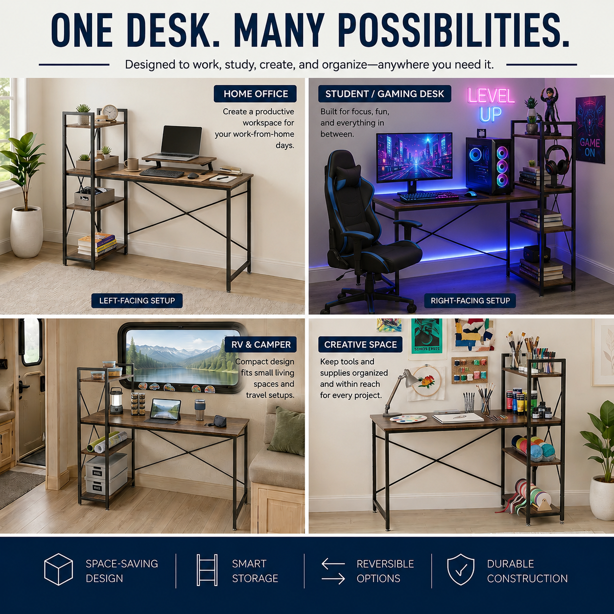 Loft97 SH73/74XX SmartSpace Series Computer Desk with Storage Shelves, 47 Inch Home Office Desk, Reversible Bookshelf Design, Study, Gaming & Workstation Desk