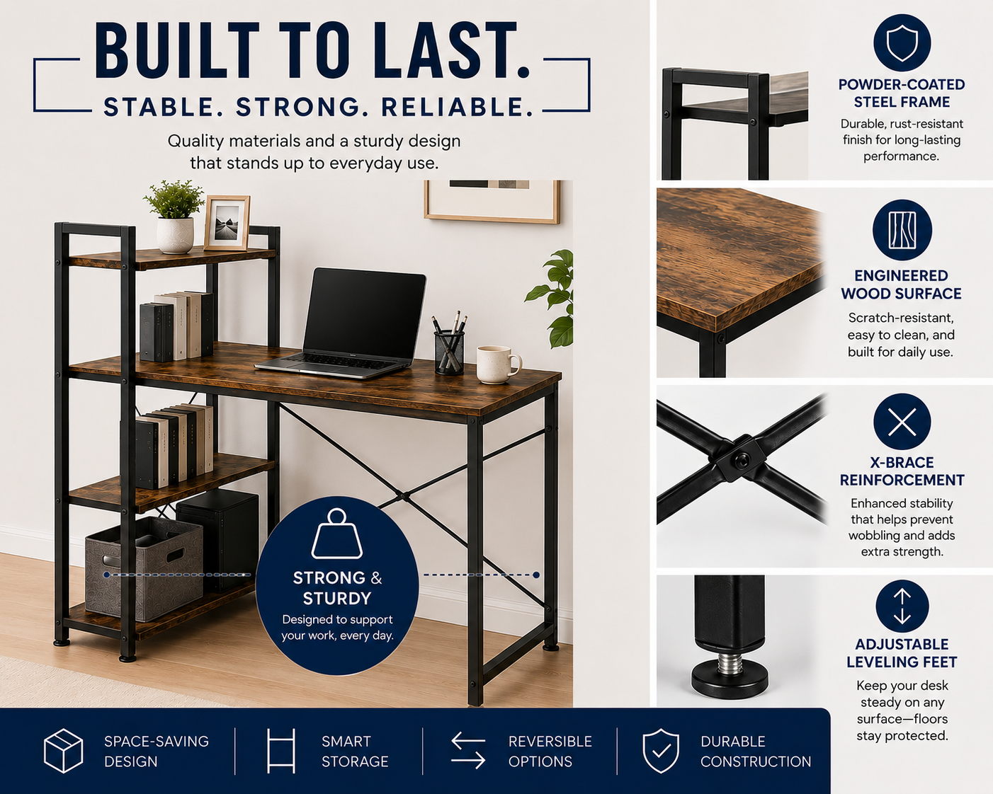 Loft97 SH73/74XX SmartSpace Series Computer Desk with Storage Shelves, 47 Inch Home Office Desk, Reversible Bookshelf Design, Study, Gaming & Workstation Desk