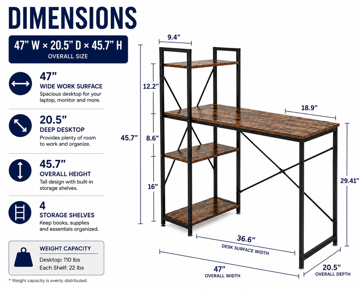 Loft97 SH73/74XX SmartSpace Series Computer Desk with Storage Shelves, 47 Inch Home Office Desk, Reversible Bookshelf Design, Study, Gaming & Workstation Desk