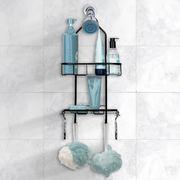 Loft97 SHC13BK Rustproof Aluminum Shower Caddy for Shower Heads - Hanging Shower Caddy Organizer with 2 Shelves, Overhead Shower Caddy for Bathroom & Home, Includes shower hooks and shower liner - Matte Black Finish