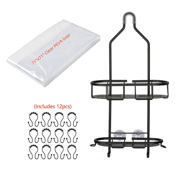 Loft97 SHC13BK Rustproof Aluminum Shower Caddy for Shower Heads - Hanging Shower Caddy Organizer with 2 Shelves, Overhead Shower Caddy for Bathroom & Home, Includes shower hooks and shower liner - Matte Black Finish