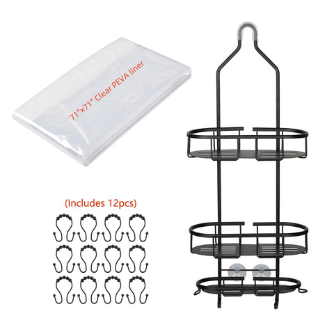 Loft97 SHC14BK Rustproof Aluminum Shower Caddy for Shower Heads - Hanging Shower Caddy Organizer with 3 Shelves for Bathroom & Home, Includes shower hooks and shower liner - Matte Black Finish