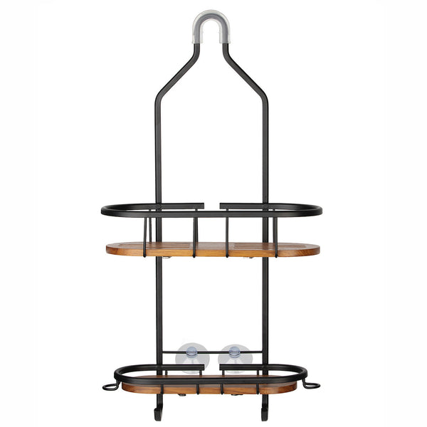 Loft97 SHC15BK Tia Rustproof Teak Overhead Shower Caddy with 2 Shelves - Decorative Shower Rack for Shampoo & Toiletries Storage, Hanging Shower Head Organizer, Includes shower liner and shower hooks - Matte Black Finish