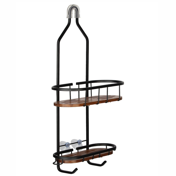 Loft97 SHC15BK Tia Rustproof Teak Overhead Shower Caddy with 2 Shelves - Decorative Shower Rack for Shampoo & Toiletries Storage, Hanging Shower Head Organizer, Includes shower liner and shower hooks - Matte Black Finish